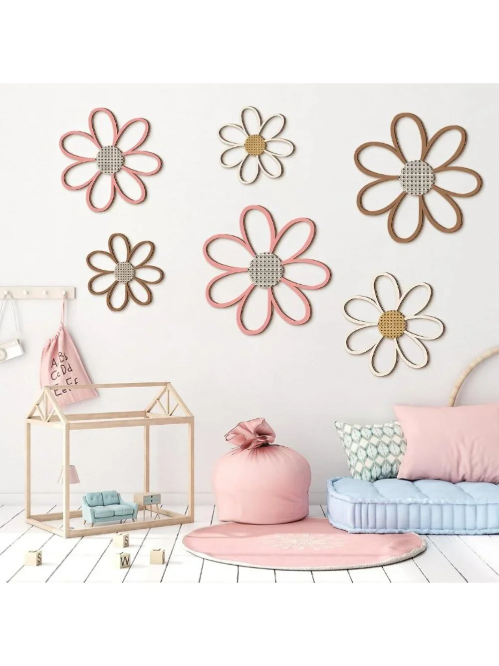 6 Pcs Wooden Daisy Wall Decor - Floral Art Hanging Plaques for Home & Nursery